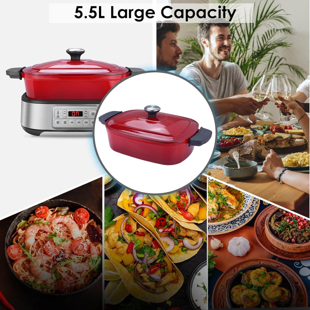 Homtone Slow Cooker Schongarer 6-in-1, 5,5L Multikocher Programmierbarer Abnehmbarer Emaille-Schmort