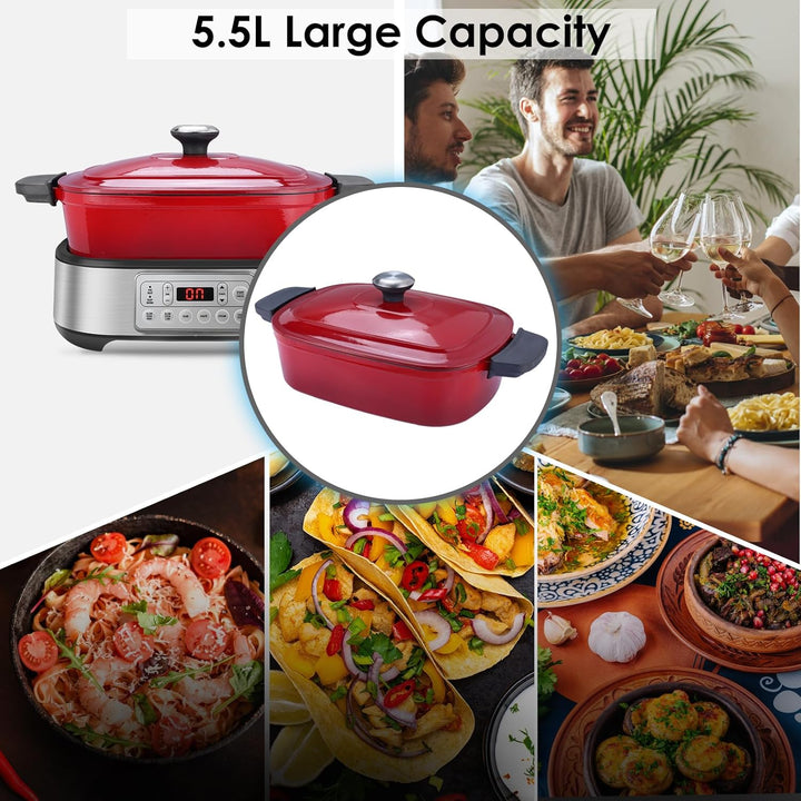 Homtone Slow Cooker Schongarer 6-in-1, 5,5L Multikocher Programmierbarer Abnehmbarer Emaille-Schmort