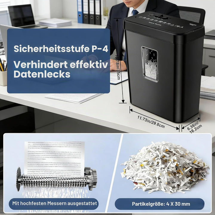 Aktenvernichter, 6-Blatt Kreuzschnitt Papierschredder mit P-4 Geheimhaltungsstufe, 13L Papierkorb mi
