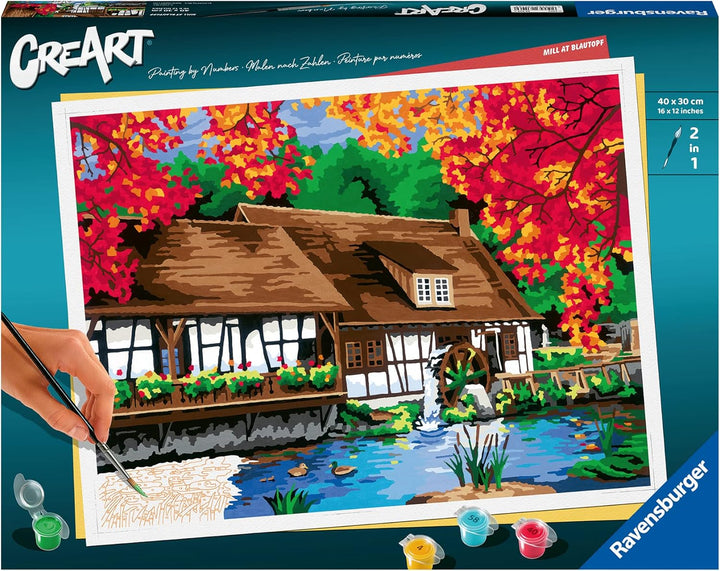 Ravensburger CreArt 23546 - Mühle am Blautopf - Malen nach Zahlen Erwachsene, DIY Malset mit Pinsel