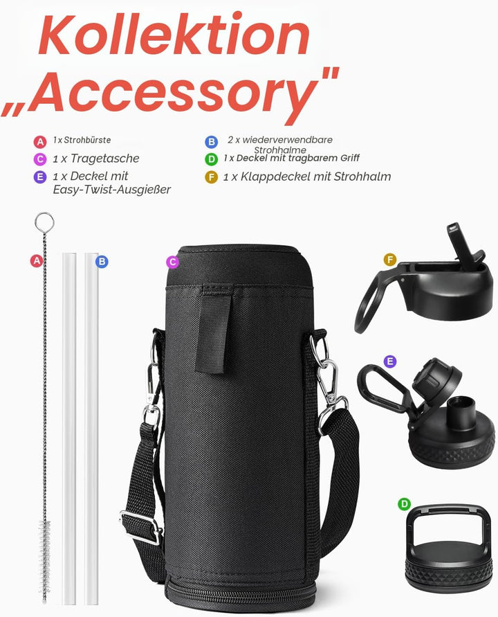 Coolflask 1180ml Isolierte Wasserflasche mit Strohhalm & 3 Deckeln, Metall-Wasserflasche für Sport o
