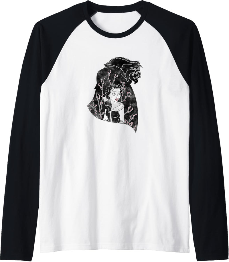 Disney Beauty & The Beast Silhouette Grayscale & Blossoms Raglan