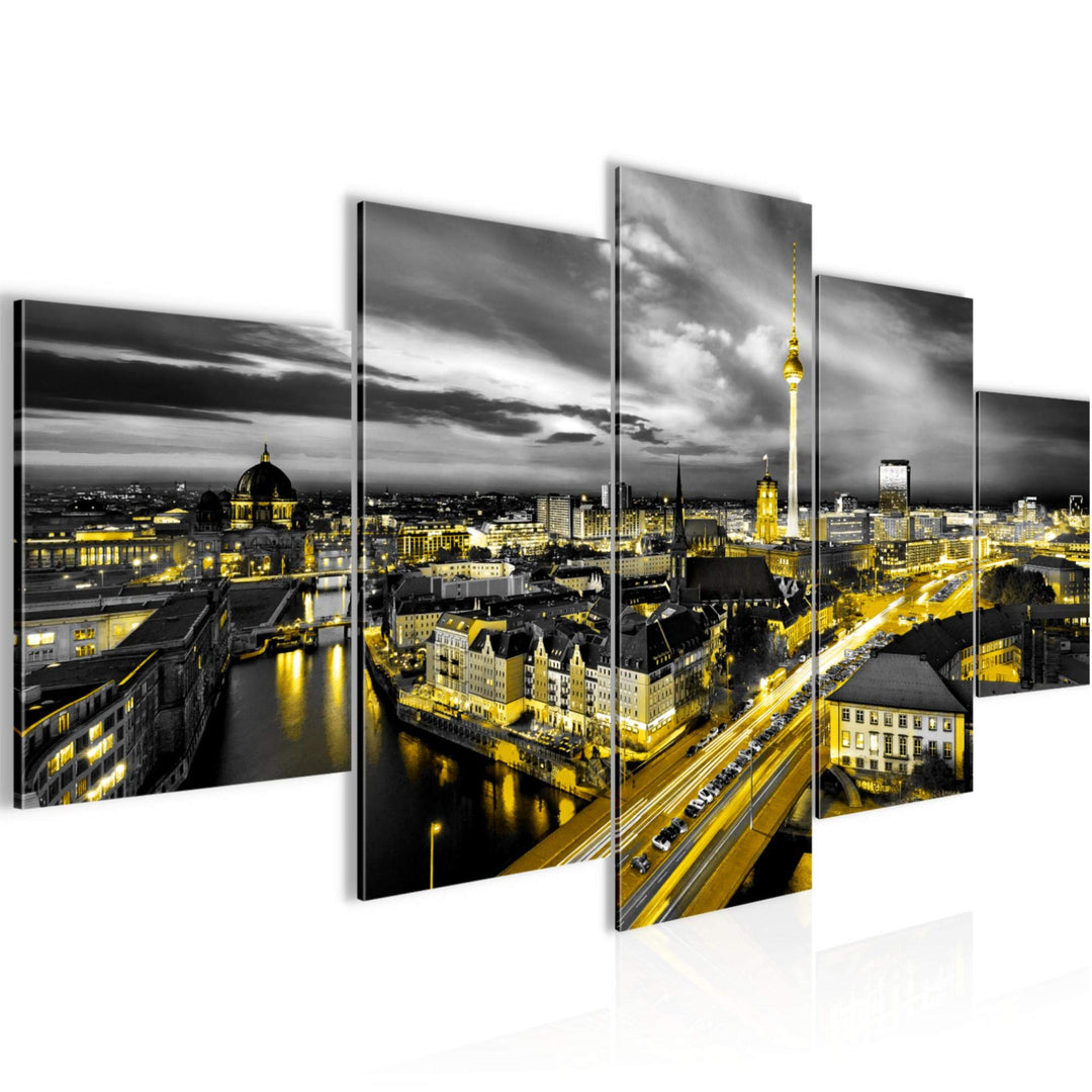 Runa Art - Bilder Berlin Skyline 200 x 100 cm 5 Teilig XXL Wanddekoration Design Schwarz Gelb 004351