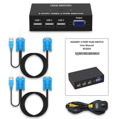 2 Port KVM Switch USB VGA mit KVM Kabeln, KVM Umschalter für VGA Monitor und USB Tastatur Maus 2 Por