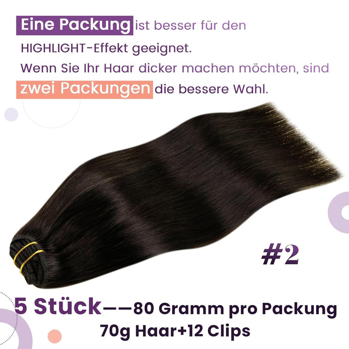 LaaVoo Braun Extenisons Echthaar Clip Doppelt Tressen Clip Extensions Echthaar Haarverlängerung Echt