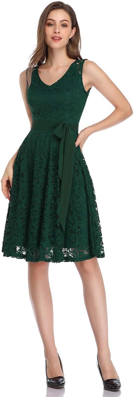 KOJOOIN Damen Vintage Brautjungfernkleider für Hochzeit Knielang Spitzenkleid Cocktailkleid Ballklei