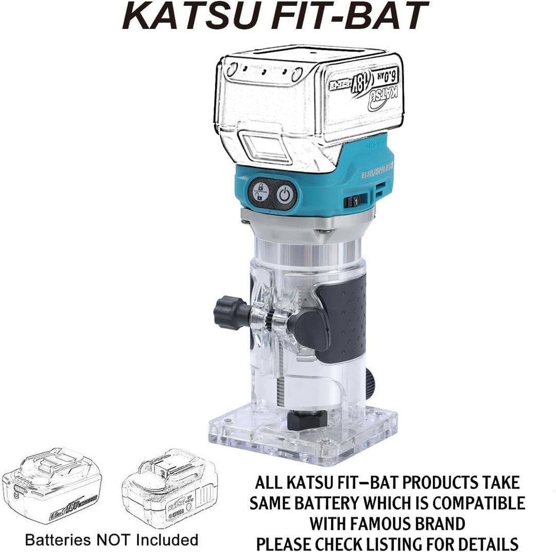 KATSU FIT-BAT 18V/21V Brushless Akku-Oberfräse Holzfräse Kantenfräse mit Trimmer-Basis, 3 Spannzange