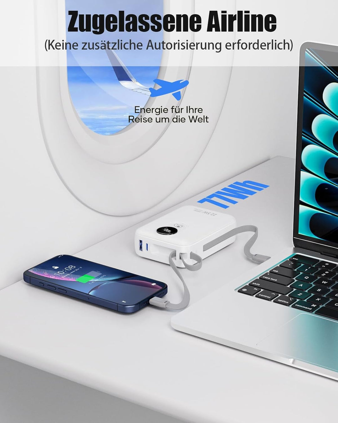 20000mAh Power Bank mit integriertem Kabel: 22.5W Schnell Aufladende Externe Batterie für Handy, USB
