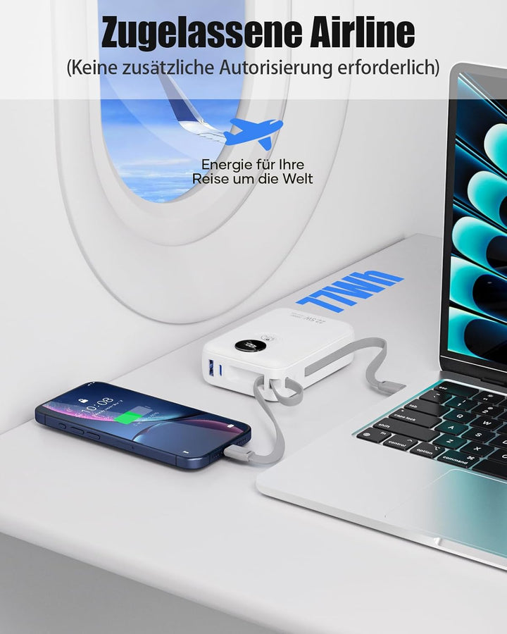 20000mAh Power Bank mit integriertem Kabel: 22.5W Schnell Aufladende Externe Batterie für Handy, USB