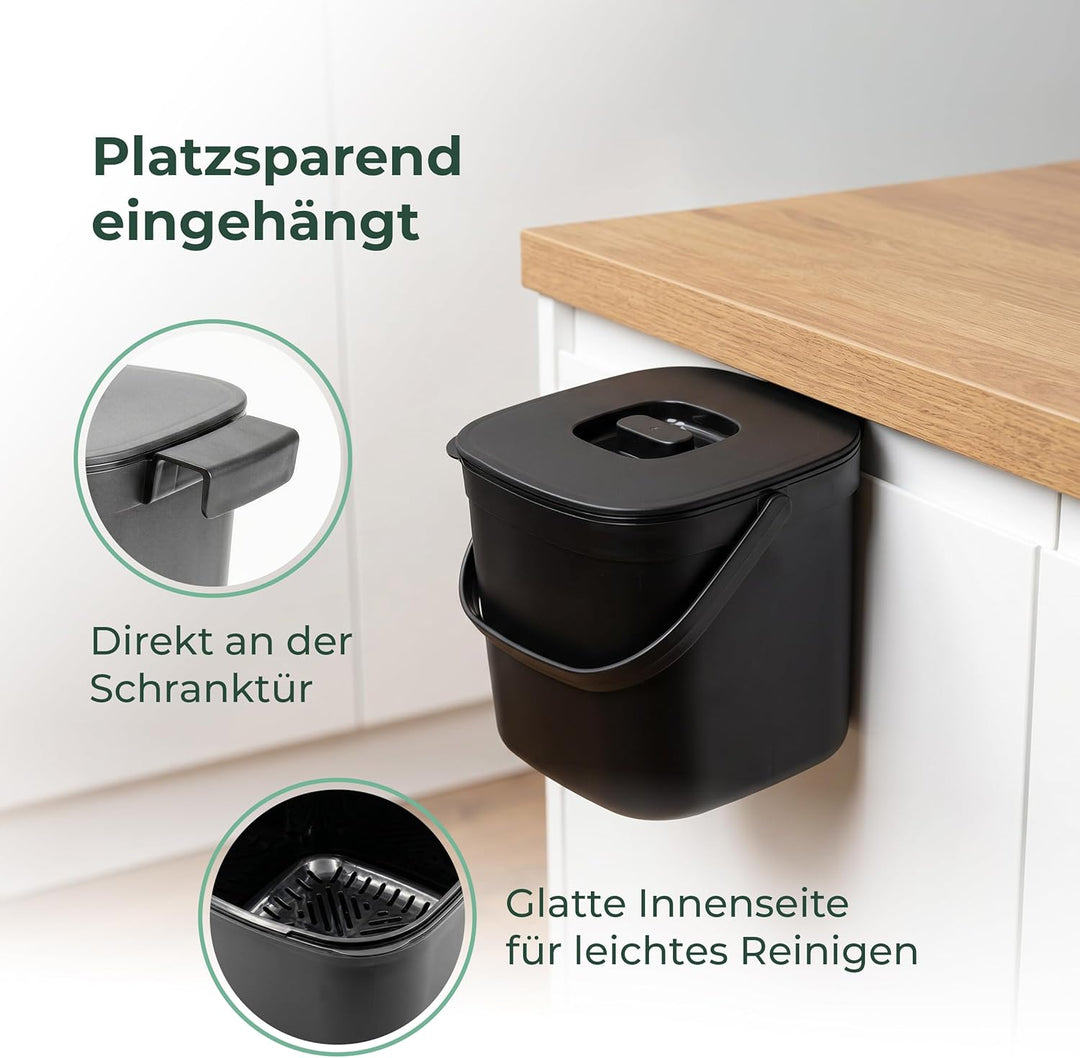 Novaliv Bio-Tischmülleimer 5L Schwarz 2er-Set mit Sieb, Komposteimer Küche mit Klappdeckel, Tragegri