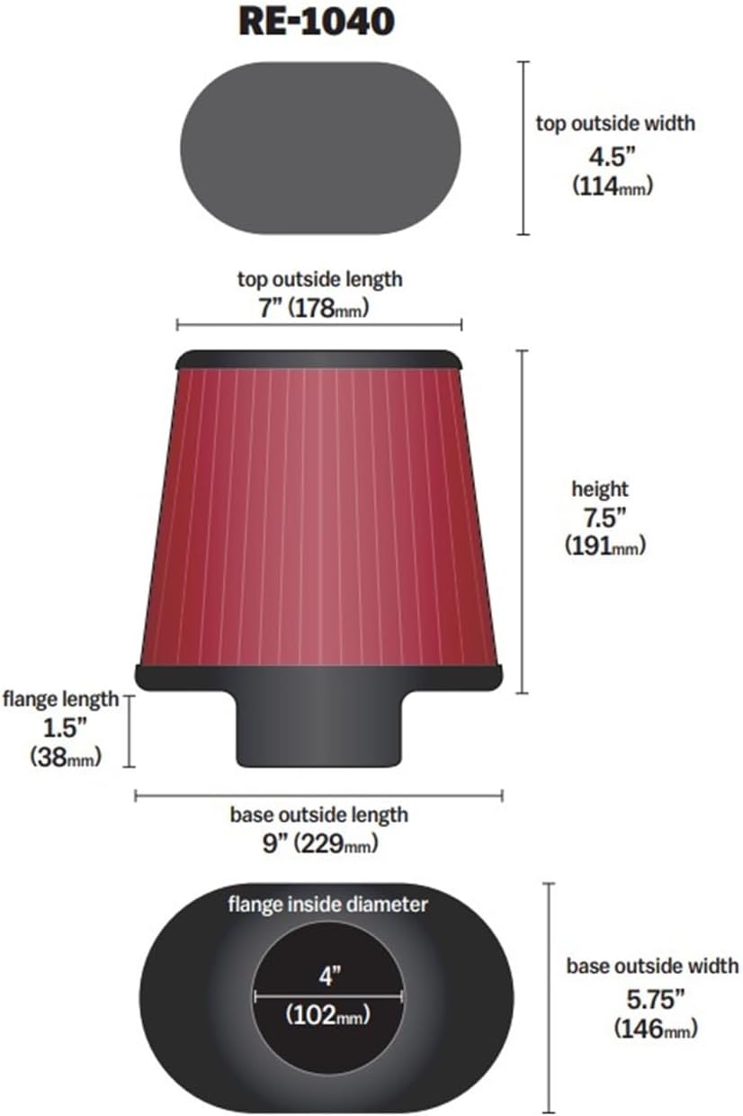 K&N universal Oval/Konisch Filter 102mm Anschluss, 229mm x 146mm Untendiameter, 178mm x 114mm Obendi
