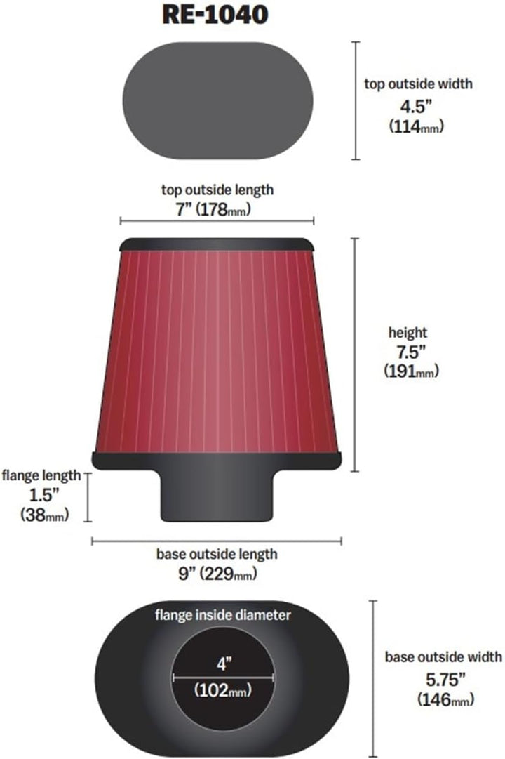 K&N universal Oval/Konisch Filter 102mm Anschluss, 229mm x 146mm Untendiameter, 178mm x 114mm Obendi