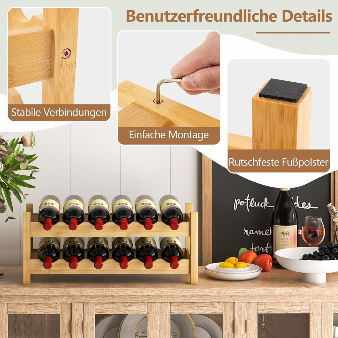 COSTWAY Weinregal Bambus für 12 Flaschen, Flaschenregal mit 2 Etagen, Flaschenhalter für Keller, Küc
