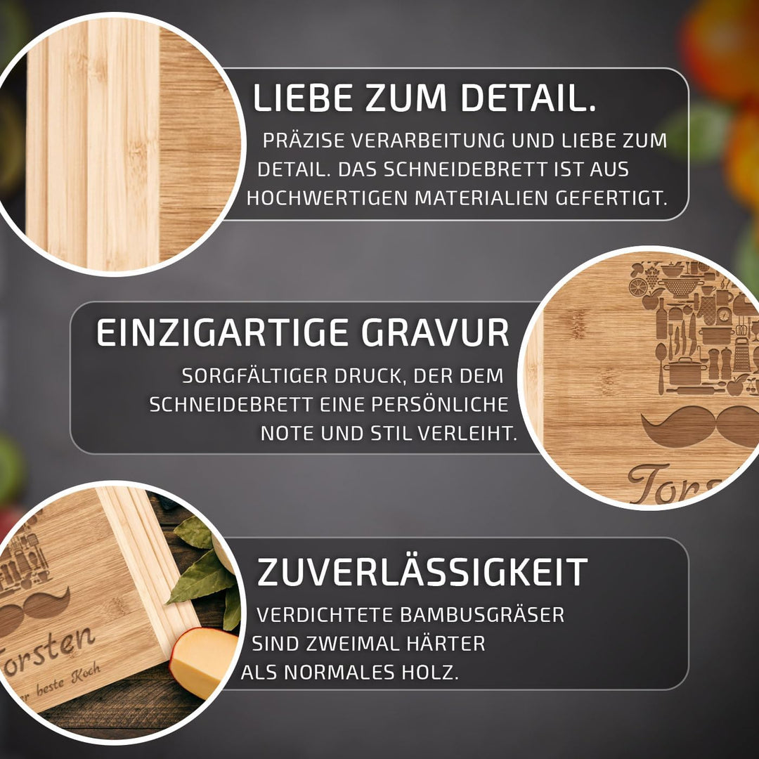 Maverton Bambus Schneidebrett mit Gravur - Servierbrett - Brotzeitbrett massiv - Grösse: 35x25 cm -