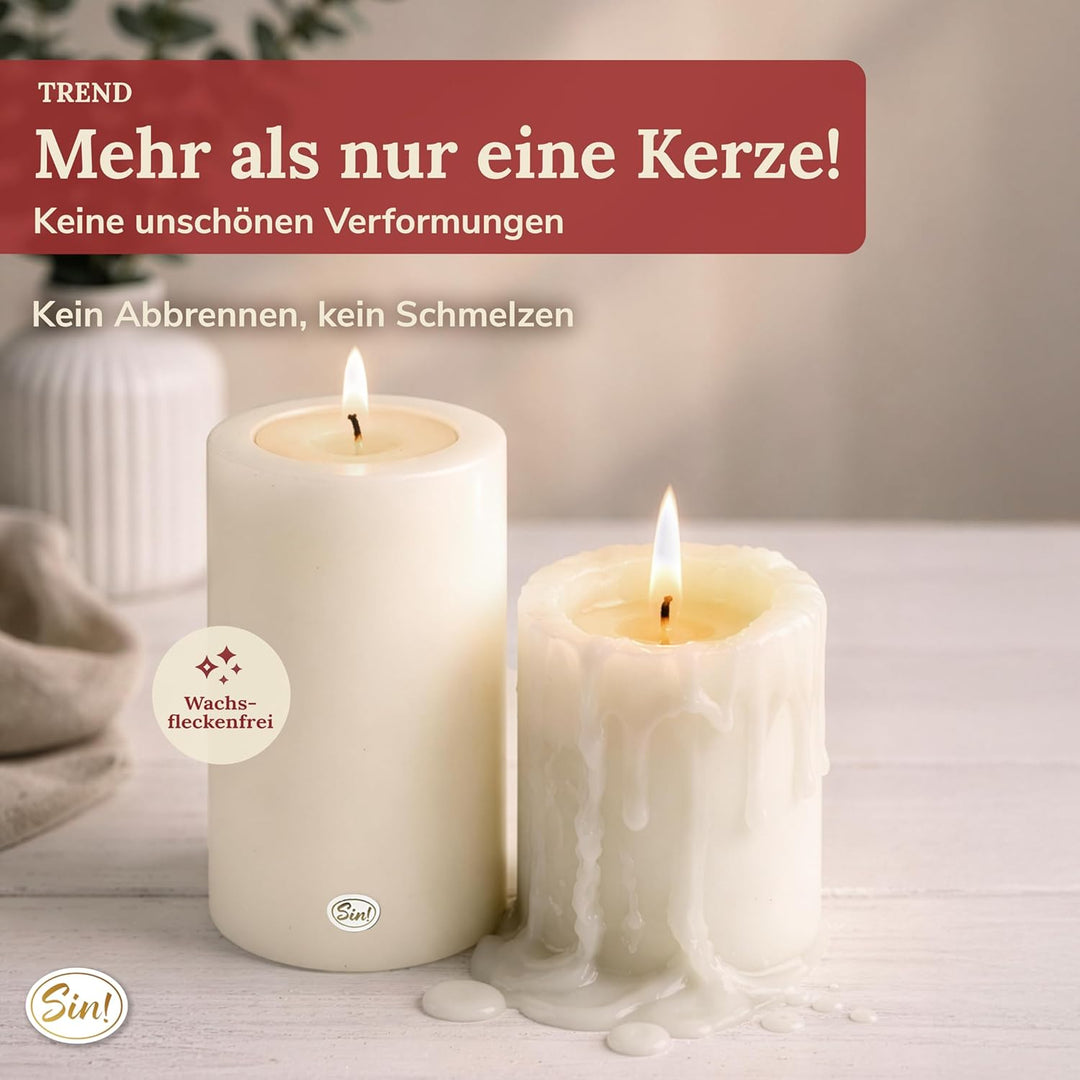 Sin!® 1x Teelichthalter & Dauerkerze Trend ∅8cm Höhe 12cm warmweiss - Die Kerze die Nicht schmilzt!