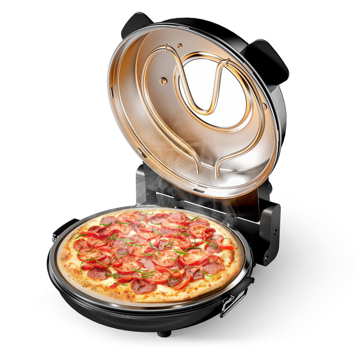 Wiltec Pizzamaker mit Keramiksteinplatte Ø32cm und Sichtfenster, Zwei Heizelemente max. 400°C, mit
