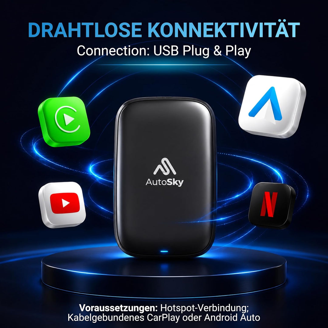 AutoSky Wireless CarPlay & Android Auto AI Box Lite – Für Fahrzeuge mit Wired CarPlay – Kabellos Car