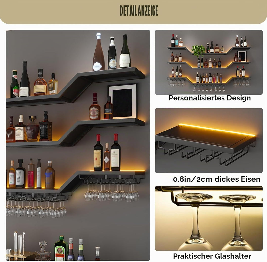 160cm Modernes Wand-Weinregal Mit LED Beleuchtung, Schwebende Barregale mit Glashalter, 3 Ebenen Wan