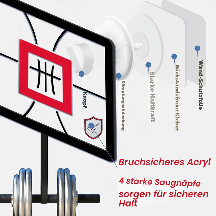 Mini-Basketballkorb für drinnen (45 x 30 cm) mit abklappbarem, federndem Ring, Geräuscharmen Ball, W