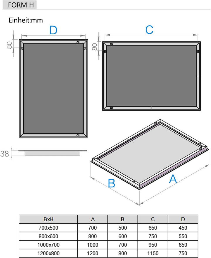 LISA Badspiegel 80 x 60 cm mit Beleuchtung LED Rechteckig Badezimmer Wandspiegel Antibeschlage Licht