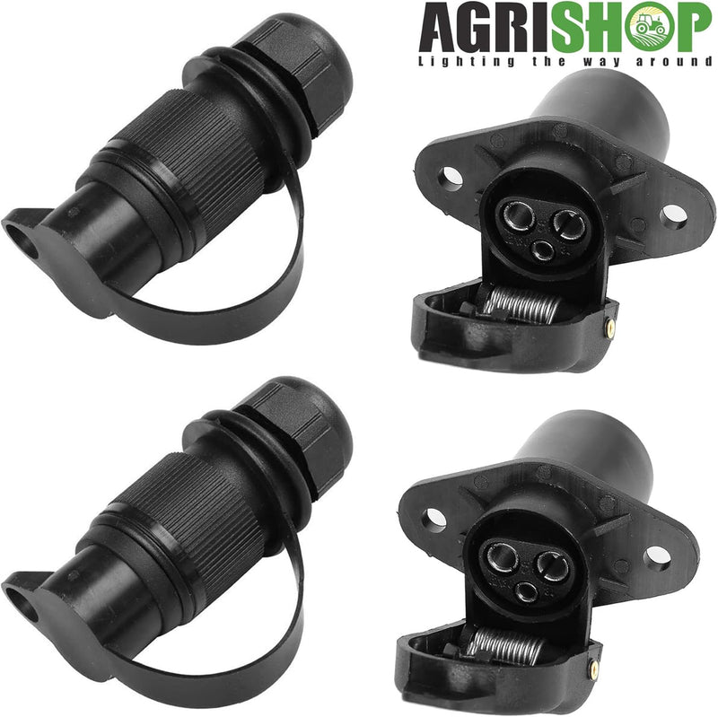 AGRISHOP 2Stück Anhänger Stecker 3polig 12v 24v und 2Stück Steckdose 3-Polig, Wasserfester Traktor S
