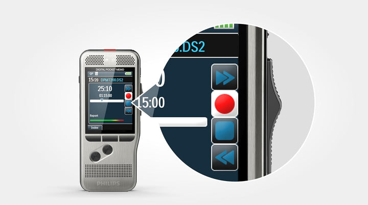 Philips Pocket Memo Digitales Diktiergerät DPM7000 Schiebeschalter-Bedienung, 2 Mikrofone für Stereo
