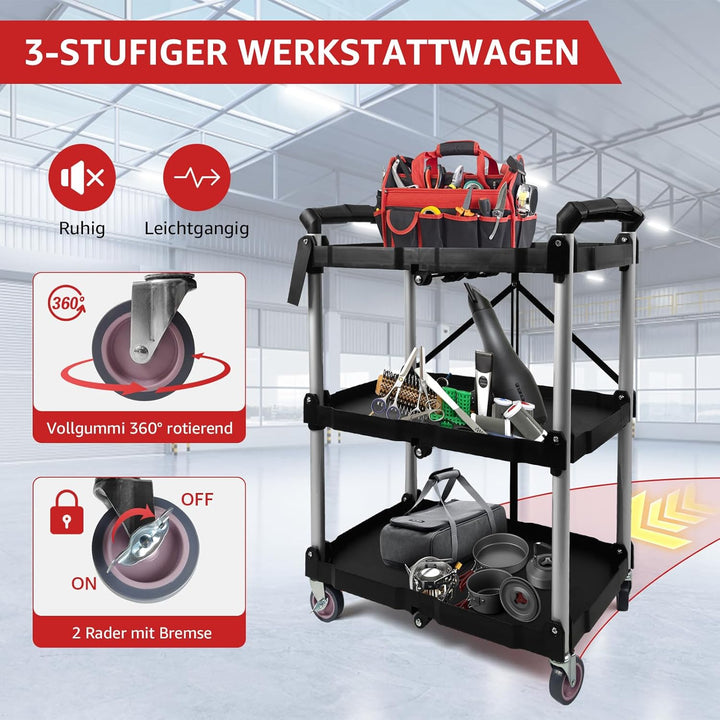 Klappbarer Rollwagen mit 3 Ebenen, Servierwagen mit Rollen Mobiler Werkzeugwagen Mehrzweckwagen mit