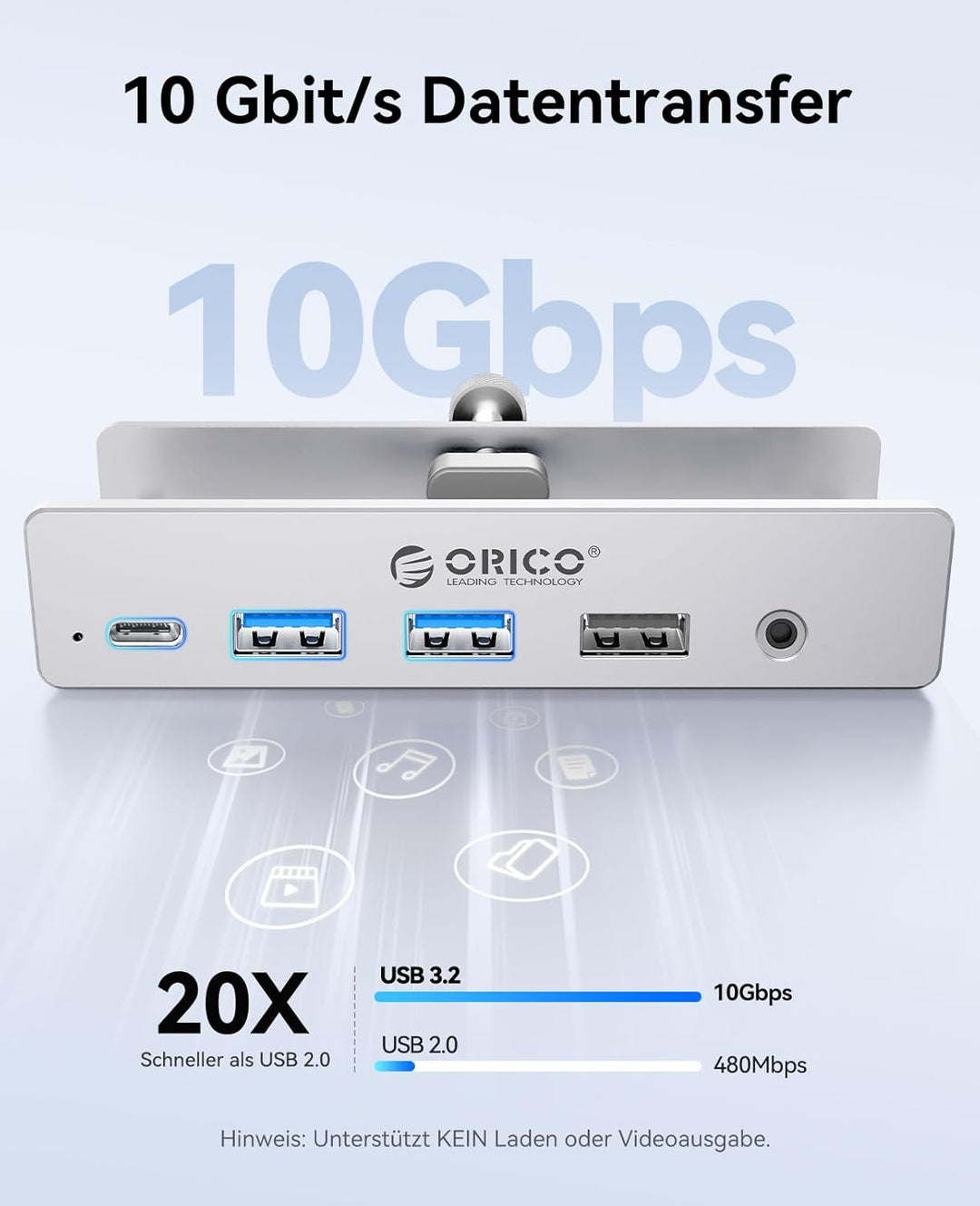 ORICO Clip Docking Station, 8-in-1 USB-C Hub Klemme mit 4K@60Hz HDMI, 100W PD, Gigabit-Ethernet, 4xU