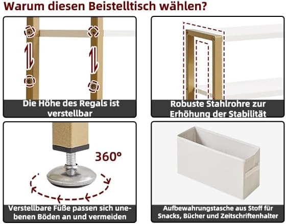 Schmaler Beistelltisch, 3-stufiger Schmaler Beistelltisch mit Stoffkorb, Moderner Sofatisch für Schm