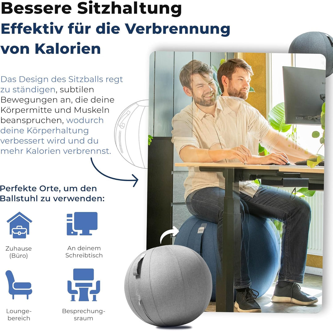 Sitzball Büro Ergonomisch 65 cm, Ergonomische Sitzmöbel für Büro und Heimbüro, Langlebiger Stoff, Gy