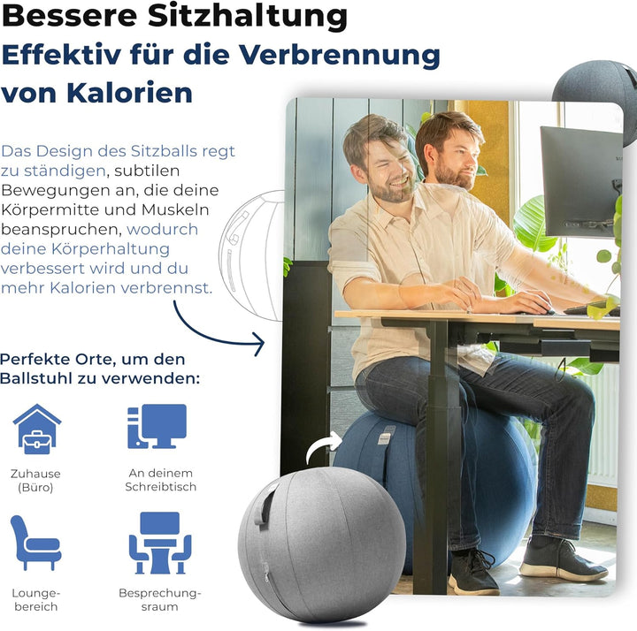 Sitzball Büro Ergonomisch 65 cm, Ergonomische Sitzmöbel für Büro und Heimbüro, Langlebiger Stoff, Gy