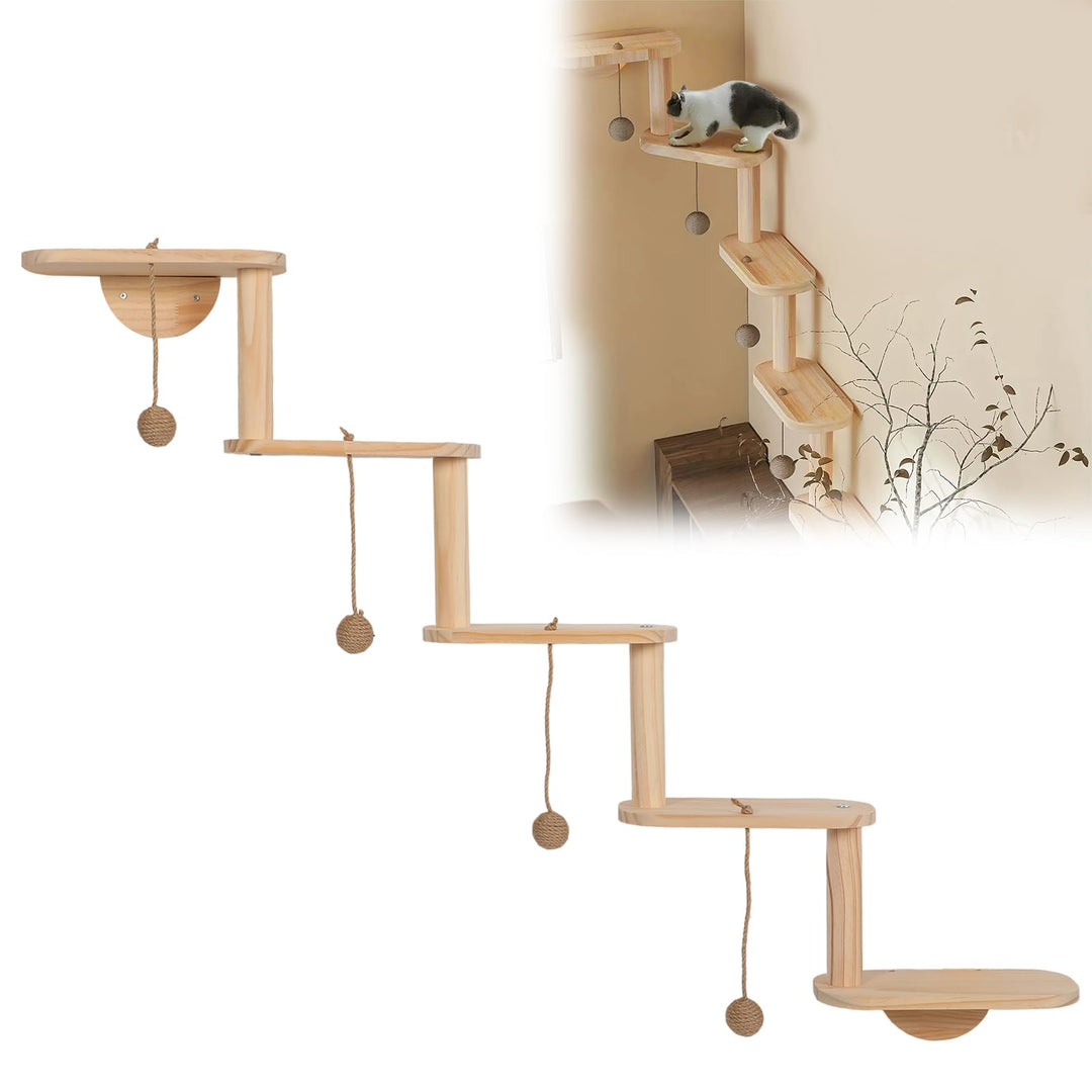 Katzenwand mit Katzentreppe &amp; Hängendem Spielball, 2 in 1 | Kratzbaum, 5 Ebenen Katzenkletterwand, M