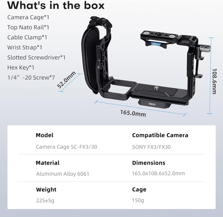 SIRUI FX30 FX3 Cage käfig für Sony FX30 FX3 mit Original XLR-Griff, HDMI-Kabelklemme, für ARRI 3/8"-