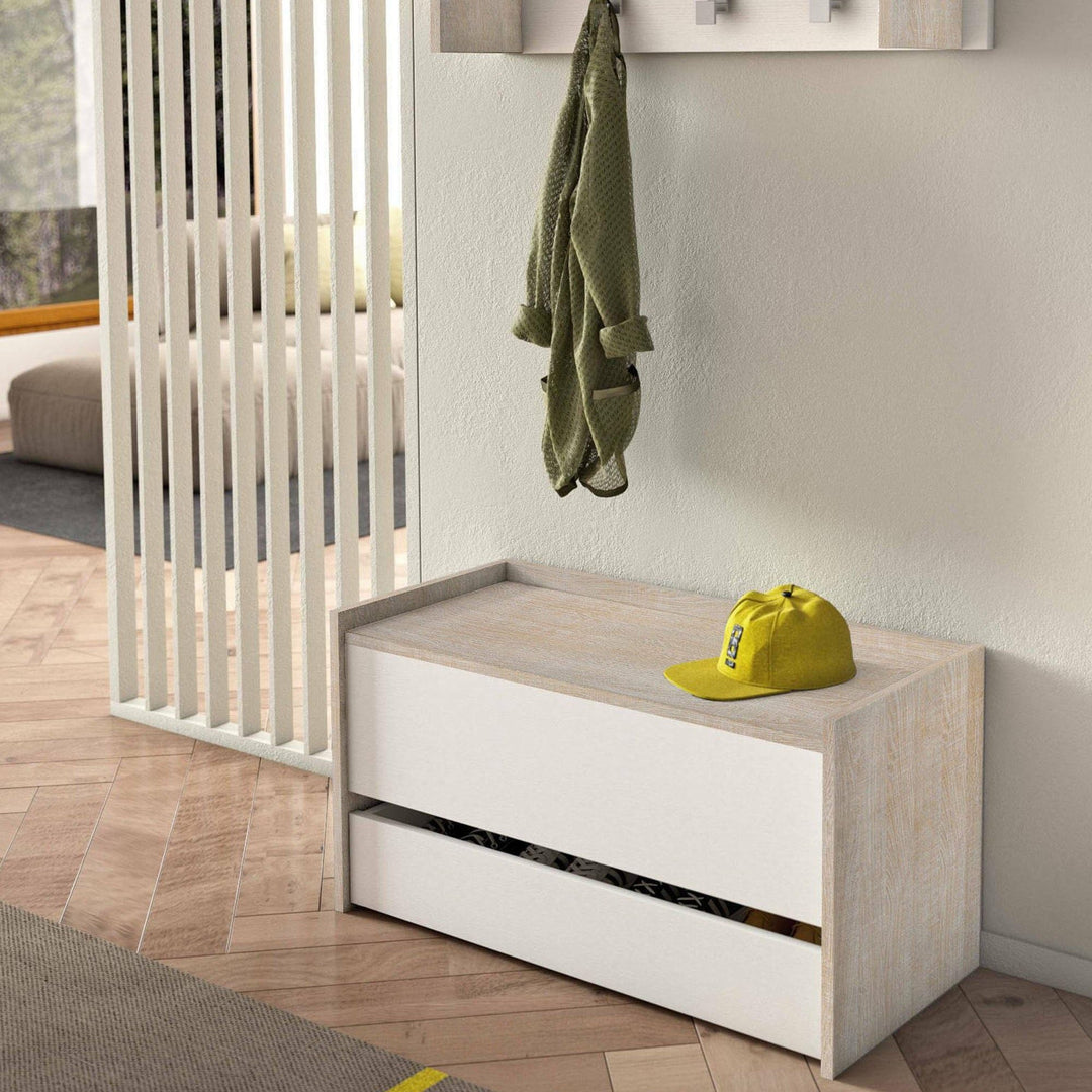 Dmora - Truhenbank Lantana, Moderne Eingangsmöbel mit Schuhregal, Koffertruhe mit zwei Behältern, 10