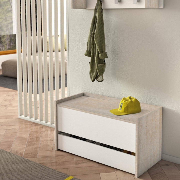 Dmora - Truhenbank Lantana, Moderne Eingangsmöbel mit Schuhregal, Koffertruhe mit zwei Behältern, 10