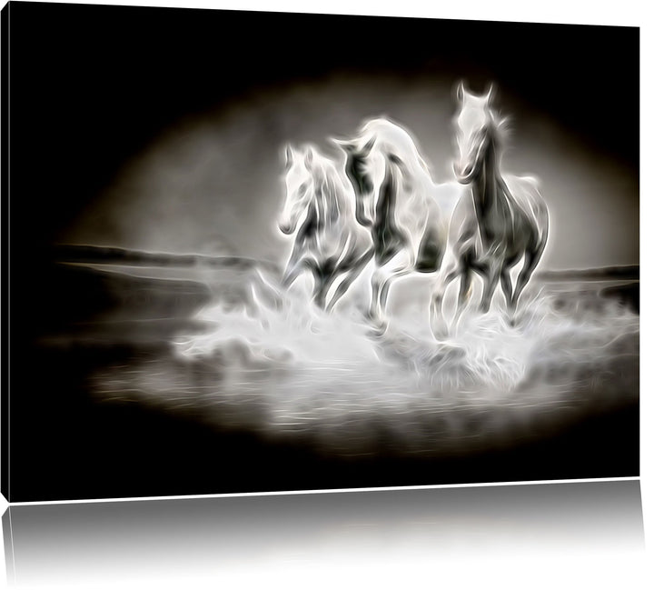 Dark Weisse Pferde rennen im Wasser Deluxe Format: 100x70 cm auf Leinwand, XXL riesige Bilder fertig