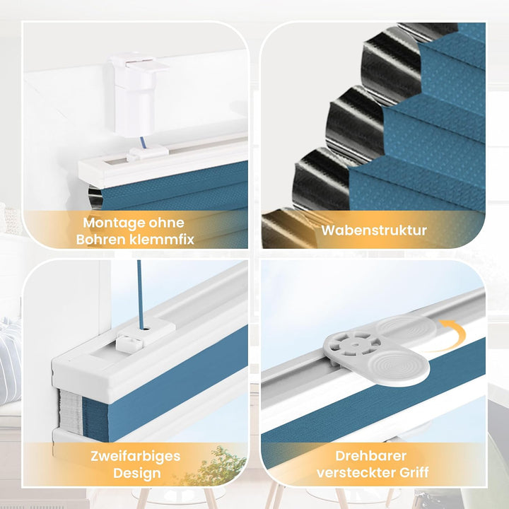BelleMax Wabenplissee ohne Bohren verdunkelung Thermo plissee klemmfix, Blau-weiss 75x110cm 100% Bli
