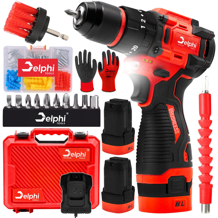Delphi Akkuschrauber 16,8V bürstenlos mit 2x 1500mAh Akku und Led Arbeitslicht, 50Nm Drehmoment, 24