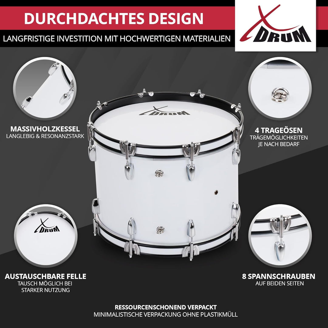 XDrum MBD-222 Marsch Bass Trommel, Fussball Pauke 22" x 12" (7,5 kg, 4 Ösen, Spannschrauben, inkl. P
