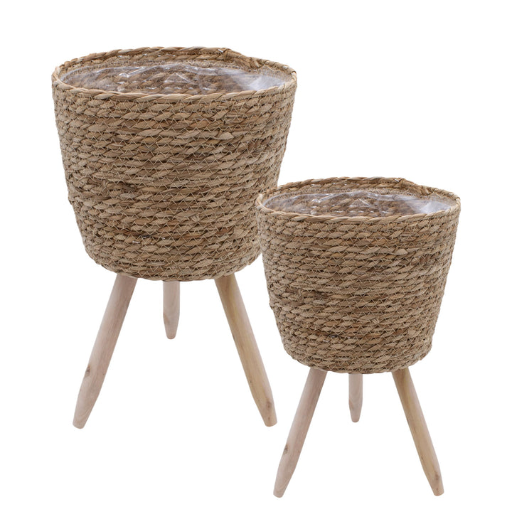 Blumenständer aus Stroh innen mit Folie 2er Set - Ø 26 und 20 cm - Rattan Pflanzenständer mit 3 Holz