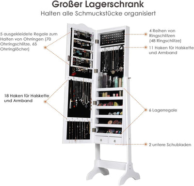 COSTWAY Schmuckschrank mit 14 LED Leuchten, Schmuckregal mit Ganzkörperspiegel abschliessbar, Schmuc