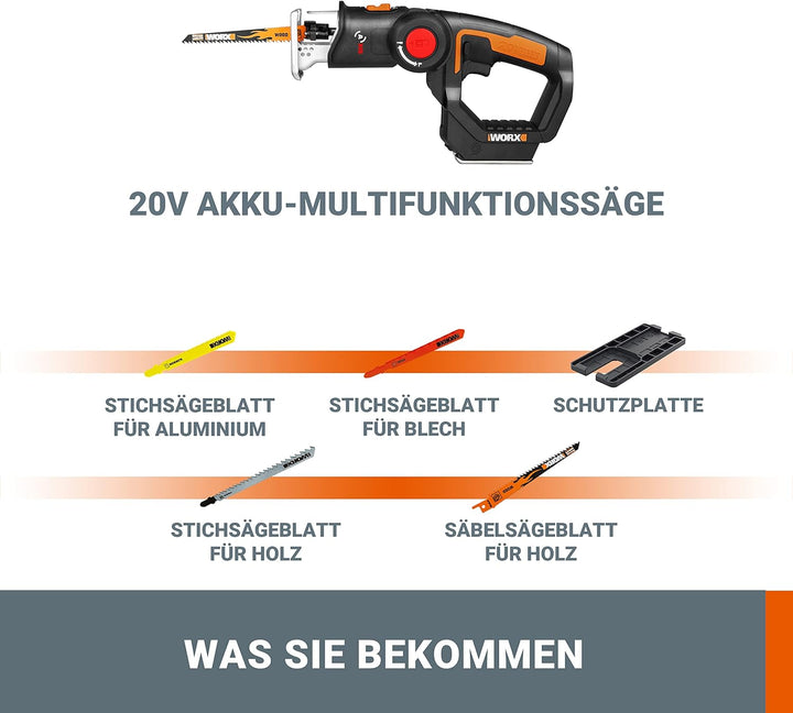 WORX WX550.9 Stichsäge zum Schneiden von Holz, Stahl & PVC – 2-in-1 Universalsäge mit Stich- & Säbel