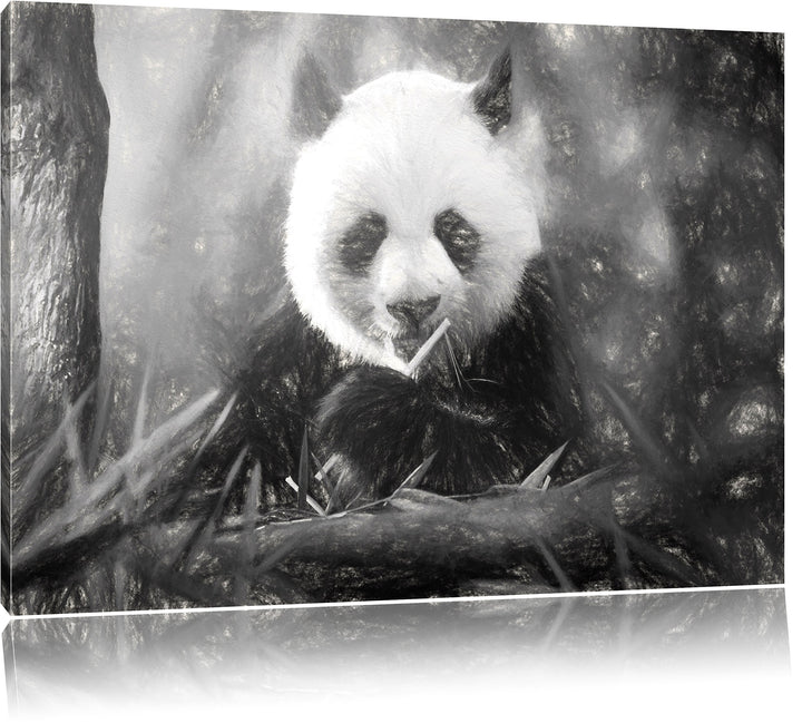 Pixxprint Niedlicher Panda isst Bambus Kunst / 100x70cm Leinwandbild bespannt auf Holzrahmen/Wandbil