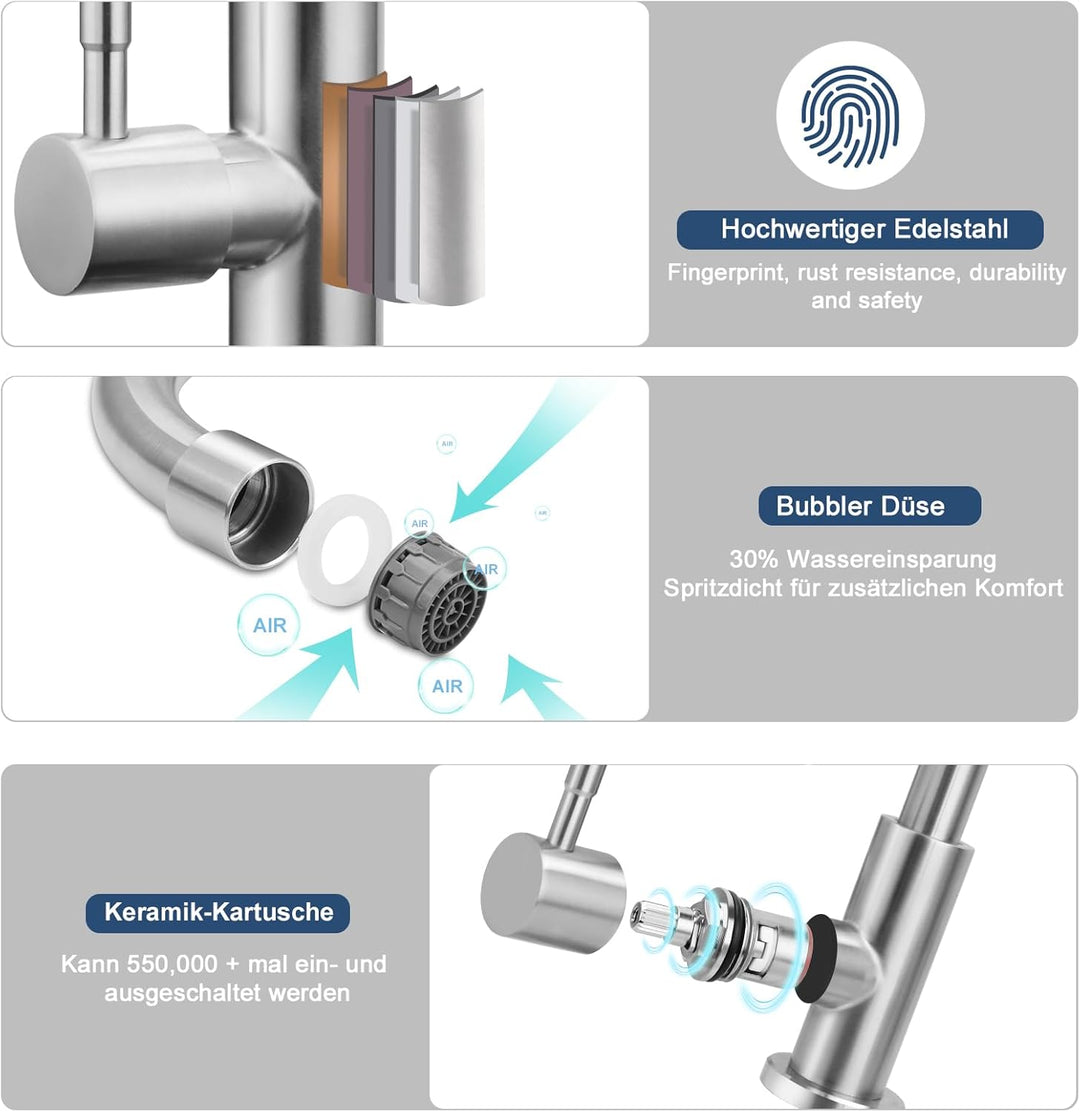 BONADE Wasserhahn Küche, 360°Drehung Einhand Hochdruck Kaltwasserhahn Küche, Drahtziehen küchenarmat