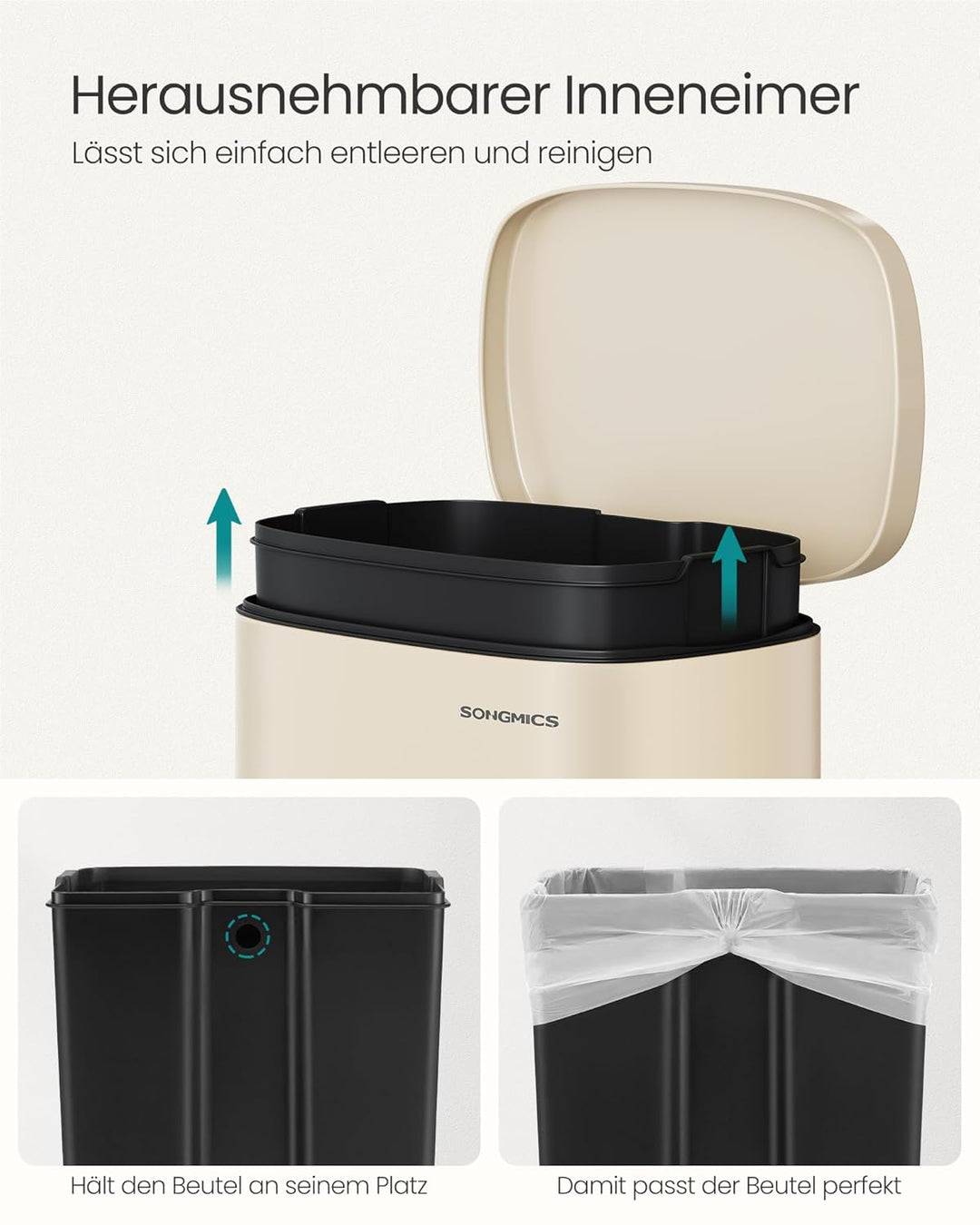 SONGMICS Mülleimer Küche, 50 Liter, Abfalleimer, Treteimer, mit Deckel, Softclose, Fusspedal, Stahl,