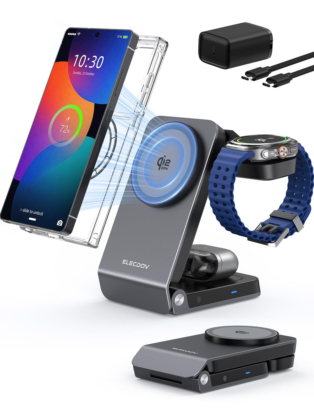 Magnetic Wireless Ladestation für Samsung mit Aktiver Kühlung, 3 in 1 Induktive ladestation für Sams