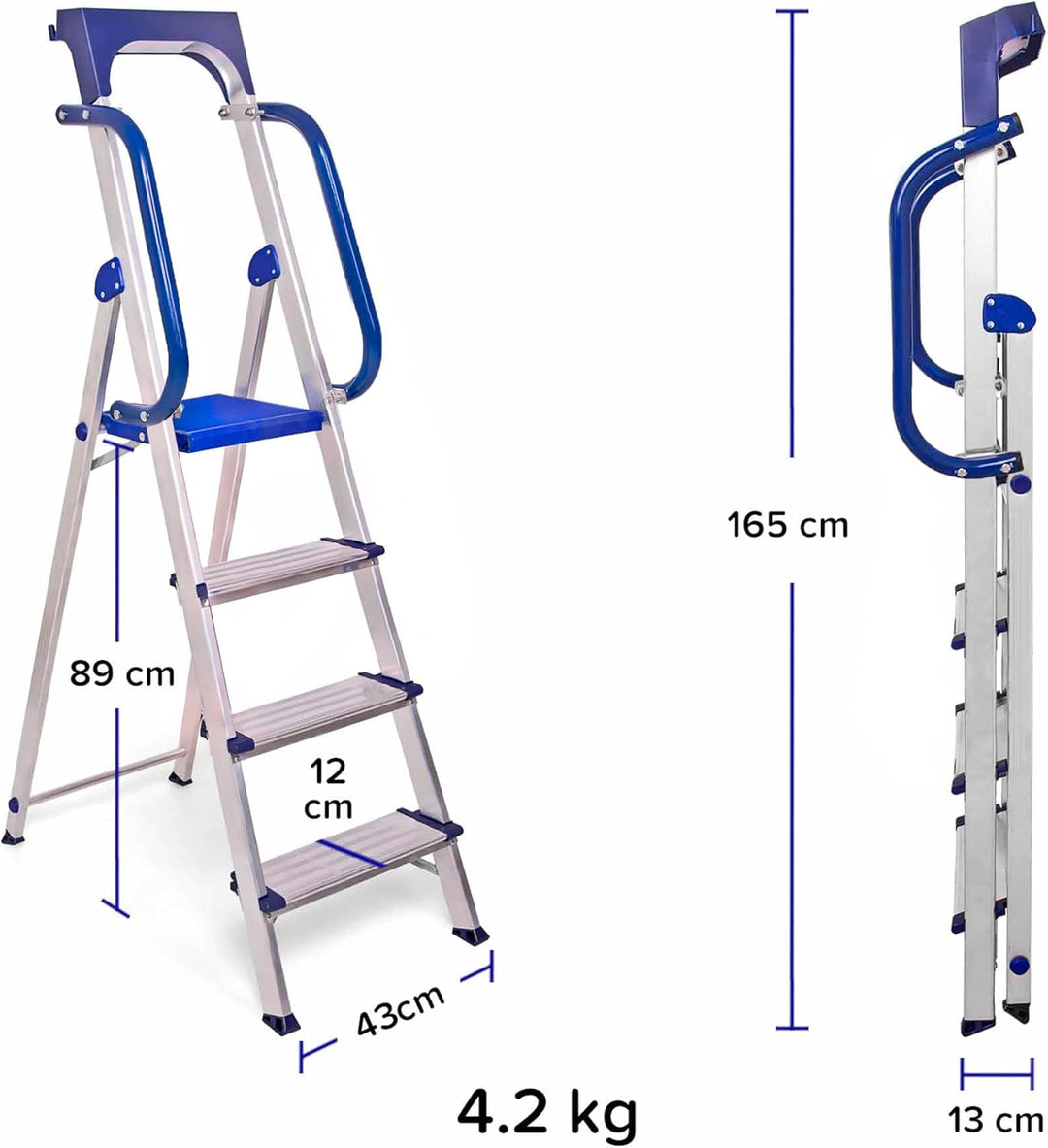 Trittleiter 4 Stufen Secure Pro, verstärktes Aluminium, sicher mit Rampen, Ablage für Werkzeuge, Höh