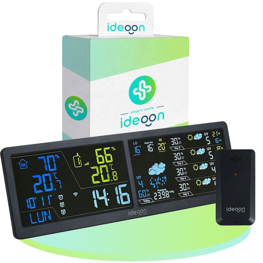 ideoon WLAN Wetterstation mit App & XXL Display: Tuya Smart Home, Aussen-Sensor, Weck-Alarm - Temper