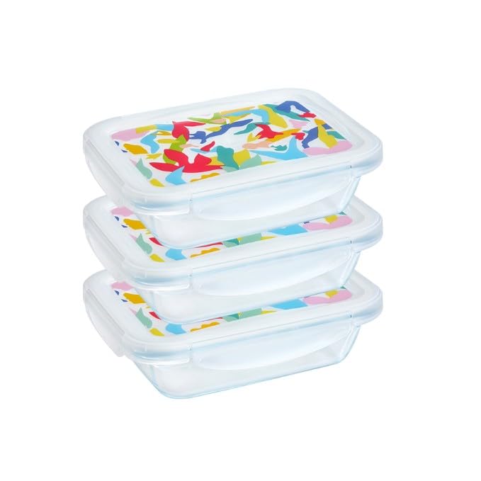 Pyrex Cook & Go - Set von 3 Lunchboxen mit gleicher Kapazität (3 x 0,8 L - rechteckig, mehrfarbige D