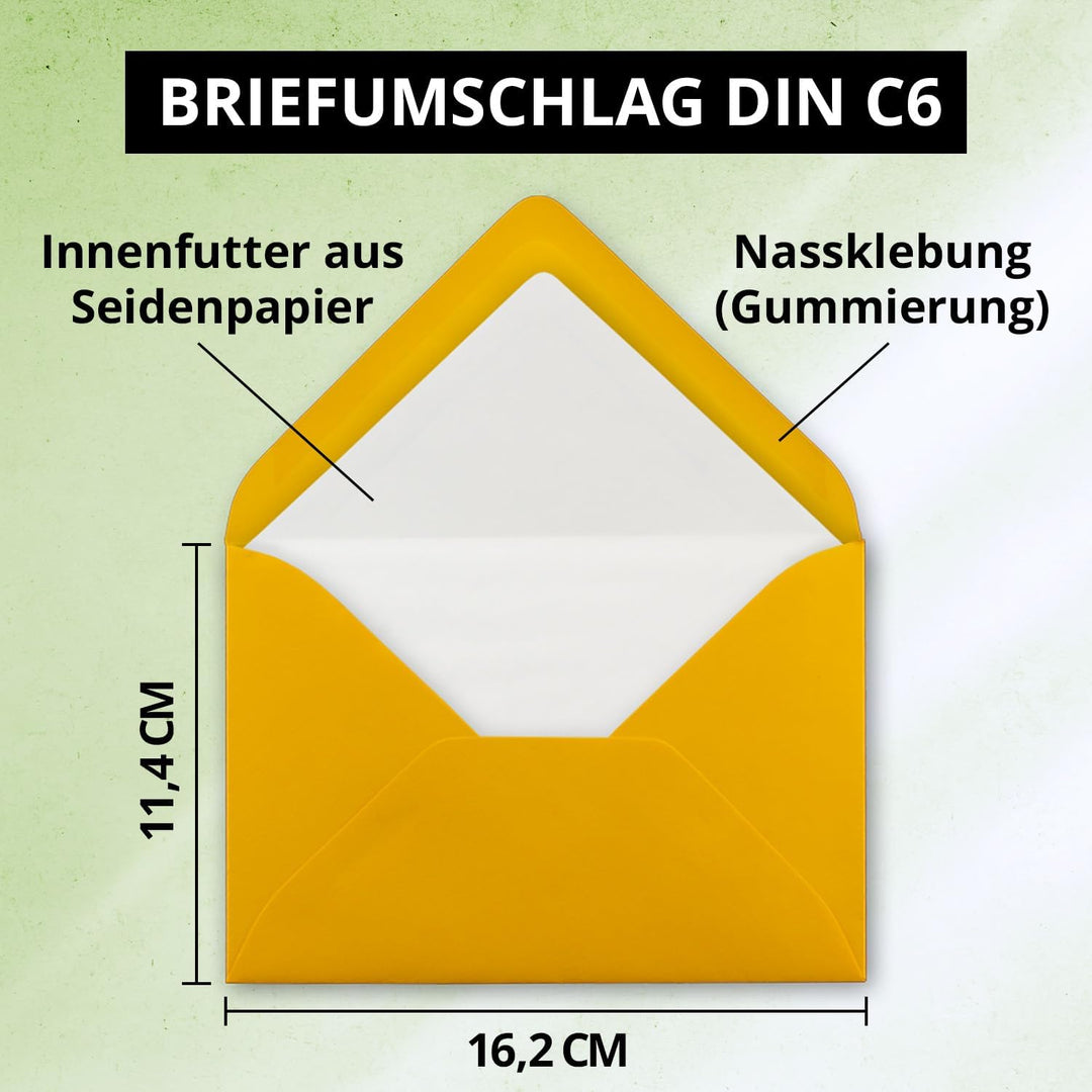 200 Briefumschläge Goldgelb (Gelb, Matt) - DIN C6 - gefüttert mit weissem Seidenpapier - 100 g/m² -